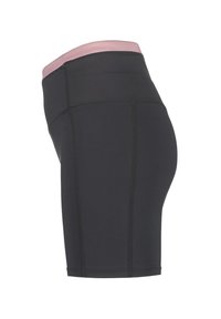 Högmidjade svarta shorts med ett rosa midjeband, tillverkade av elastiskt material, med flacka sömmar för hållbarhet och en figurnära passform.
