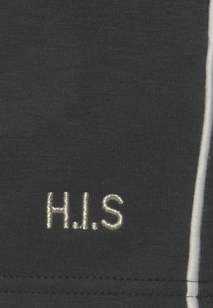 Dark grey fabric with a textured surface; features silver embroidered letters "H.I.S." and a white stripe running alongside the edge.