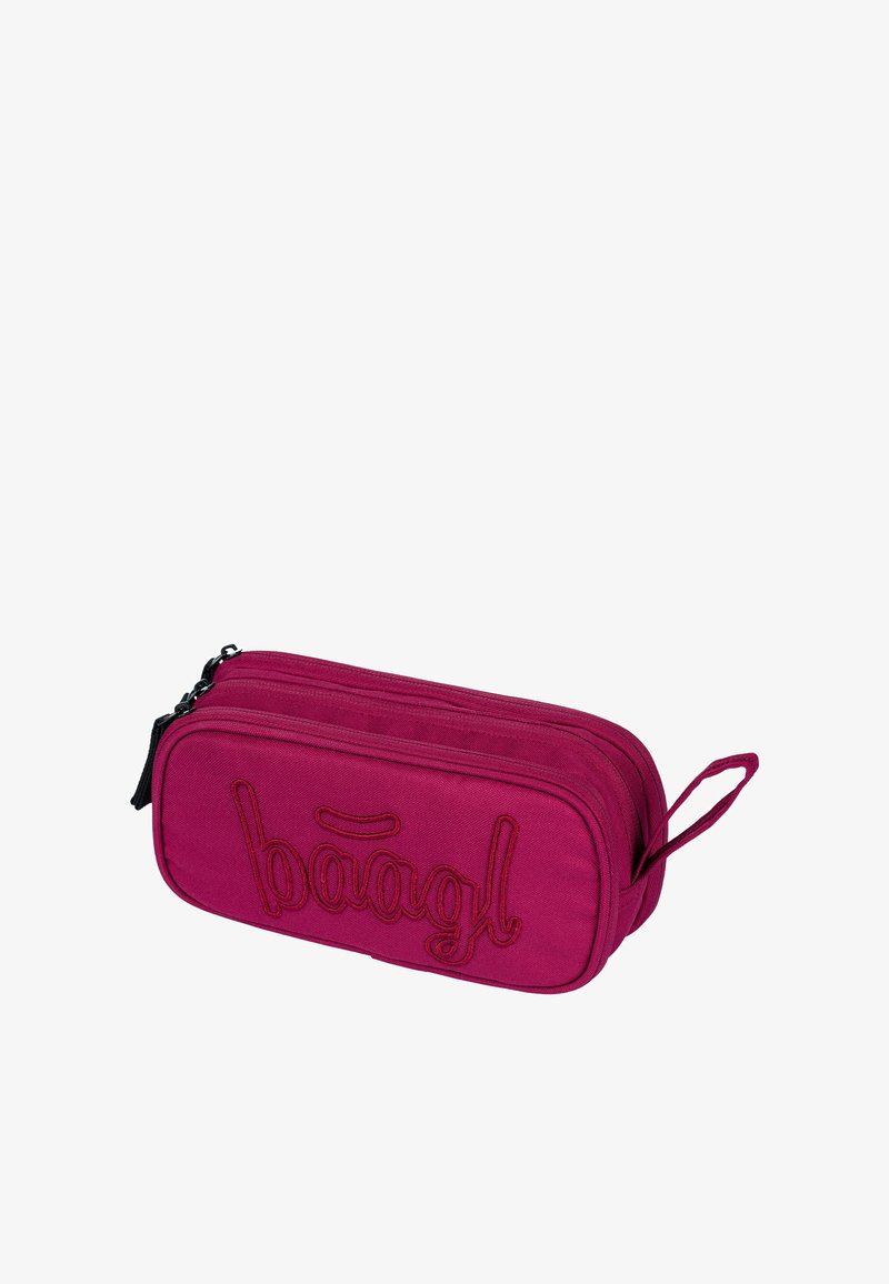Fuchsia pencil case made of durable fabric with a zip closure, featuring raised embroidered lettering "baagl" in darker fuchsia on the front.