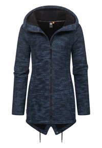Mörkblå zip-up jacka med huva, strukturerad tyg och fleecefodrad insida. Har en hög-låg fåll med justerbara snoddar.