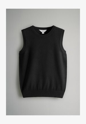 Črn brezrokavnik iz pletenine z okroglo izrezom, z ribanim robom in izrezom za roke, izdelan iz mehkega materiala z gladko teksturo.