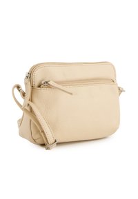 Beige Leder-Crossbody-Tasche mit strukturiertem Finish, ausgestattet mit einer Reißverschlusstasche und einem verstellbaren Tragegurt. Kompakte rechteckige Form.