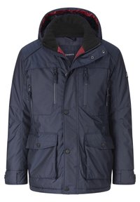 Marineblaue isolierte Jacke mit abnehmbarer Kapuze, Reißverschluss- und Klapptaschen, Druckknöpfen und einem roten Innenfutter.