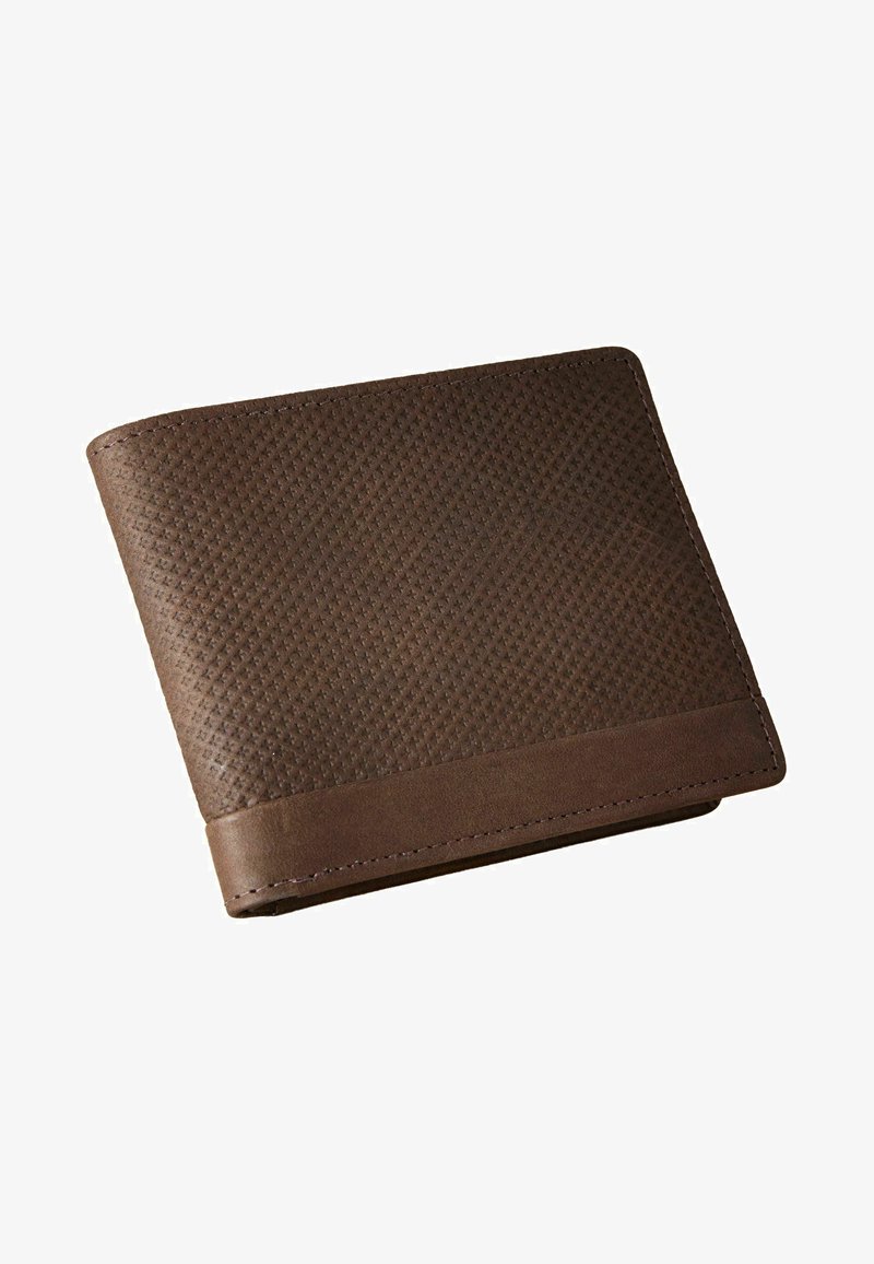 Brown leather wallet with textured surface and smooth trim. Features a rectangular shape and visible stitching along the edges.