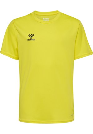 Geel sport T-shirt van lichtgewicht stof, korte mouwen, met een ronde hals. Voorzien van een zwart logo op de linkerborst.