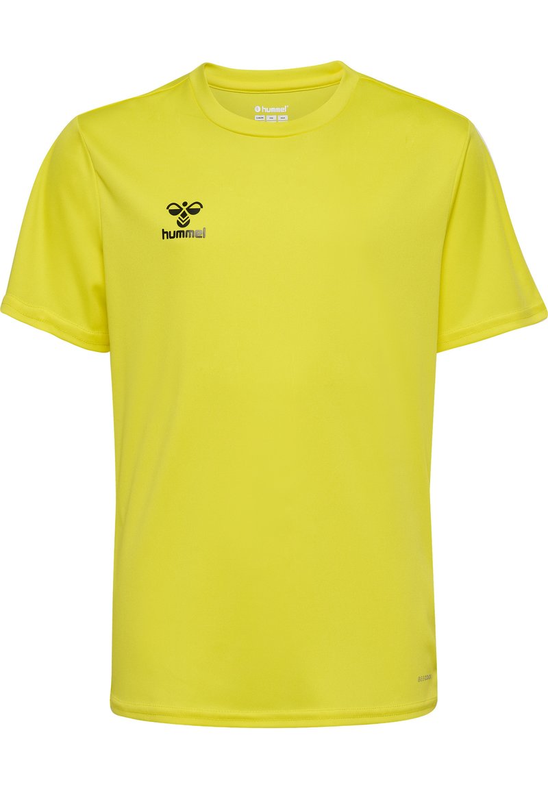 Żółta koszulka sportowa z lekkiego materiału, krótki rękaw, okrągły dekolt. Ma czarną logotyp na lewej piersi.
