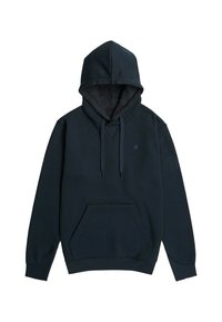 Sudadera de color azul marino oscuro con un bolsillo canguro frontal, cordones y un pequeño logo en el pecho. Fabricada con material suave y cuenta con capucha forrada.