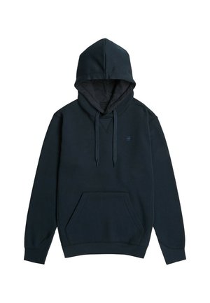 Donkerblauwe hoodie met een voorzak in kangoeroestijl, trekkoorden en een klein logo op de borst. Gemaakt van zacht materiaal en voorzien van een gevoerde capuchon.