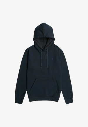 Donkerblauwe hoodie met een voorzak in kangoeroestijl, trekkoorden en een klein logo op de borst. Gemaakt van zacht materiaal en voorzien van een gevoerde capuchon.