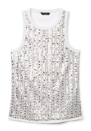 Weißes ärmelloses Oberteil mit vertikalen silbernen Pailletten, rundem Ausschnitt und geripptem Besatz an Armausschnitten und Kragen.