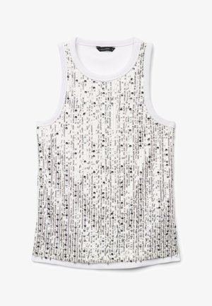 Haut blanc sans manches orné de sequins argentés verticaux, col rond et bordures côtelées aux emmanchures et au col.