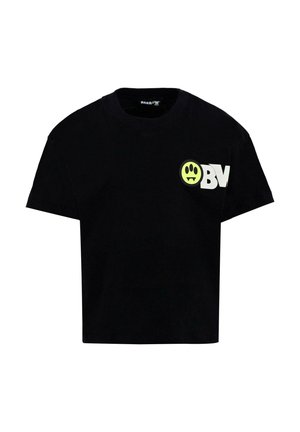 T-shirt court en coton noir à manches courtes, avec un graphique de smiley jaune fluo et un logo "BV" blanc sur le devant.