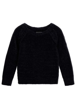 Czarny sweter z długim rękawem z chenille z okrągłym dekoltem i prążkowanymi mankietami oraz dołem, pokazany na płasko na białym tle.