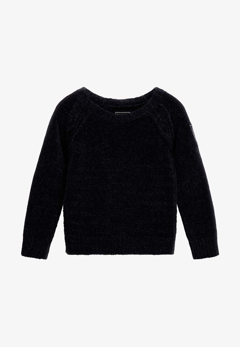 Pull en chenille noir à manches longues avec col rond et manches et ourlet côtelés, présenté à plat sur fond blanc.