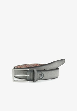 Grau Leder Gürtel mit mattem Finish, ausgestattet mit einer silberfarbenen Metallschnalle und einem dekorativen, gemusterten Innenfutter. Dezentes Logo-Detail am Riemen.