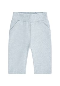 Helle graue Shorts aus einem weichen Stoff, mit einem elastischen Bund und zwei seitlichen Taschen, im geraden Schnitt.