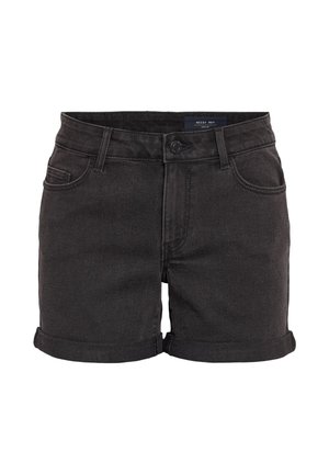 Black denim shorts with rolled cuffs, featuring a five-pocket design and a button closure at the waist. Smooth texture, casual fit.