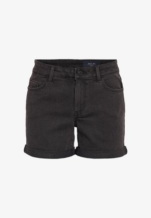 Black denim shorts with rolled cuffs, featuring a five-pocket design and a button closure at the waist. Smooth texture, casual fit.