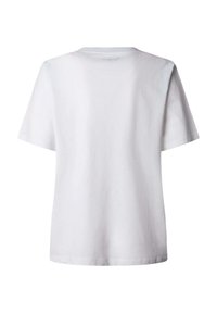 Camiseta de algodón blanca lisa de manga corta con cuello redondo, mostrada desde atrás sobre un fondo blanco.