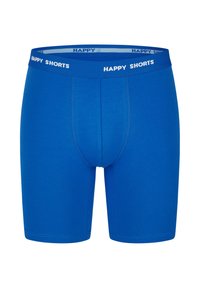Modré bavlněné boxerky se střihem na tělo. Vlastnosti zahrnují bílý elastický pas s potiskem "HAPPY SHORTS". Hladká textura a délka k polovině stehna.