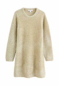 Rochie tricotată bej, pufoasă, cu guler rotund, mâneci lungi și o croială lejeră. Textură moale cu un finisaj neted, fără accesorii vizibile.