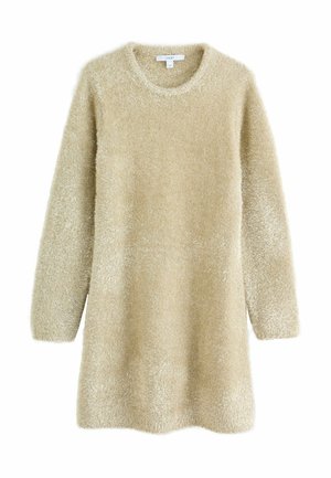 Beżowa, puszysta sukienka swetrowa z okrągłym dekoltem, długimi rękawami i luźnym krojem. Miękka tekstura z gładkim wykończeniem, bez widocznych elementów metalowych.