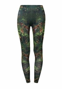 Leggings s tamnozelenom podlogom i šarenim apstraktnim šumskim uzorkom. Izrađene od rastezljivog materijala, dizajnirane za udobnost i pokretljivost.