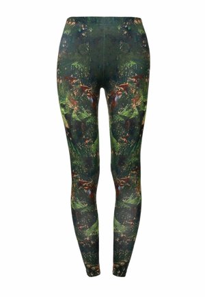 Leggings met een donker groene basis en een veelkleurig, abstract bospatroon. Gemaakt van rekbaar materiaal, ontworpen voor comfort en mobiliteit.