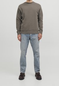 Felpa grigia in cotone con collo a giro, abbinata a jeans in denim azzurro chiaro e scarpe marroni scure. Vestibilità casual e tessuto texture.