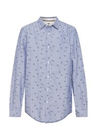 Sininen ja valkoinen raidallinen pitkähihainen paita, jossa on pieni tummansininen ankkurikuosi. Varustettu nappikauluksella ja etunappilistan kanssa. Puuvillakangasta.