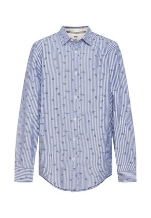 Blå och vit randig långärmad skjorta med små marinblå ankarmönster. Har en knapp-down krage och framknäppning med knappar. Tillverkad av bomull.