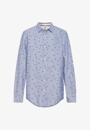 Camicia a maniche lunghe a righe blu e bianche con un piccolo motivo di ancore blu navy. Presenta un colletto con bottoni e una chiusura frontale con bottoni. Realizzata in cotone.