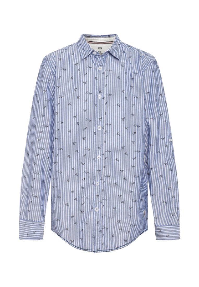 Sininen ja valkoinen raidallinen pitkähihainen paita, jossa on pieni tummansininen ankkurikuosi. Varustettu nappikauluksella ja etunappilistan kanssa. Puuvillakangasta.