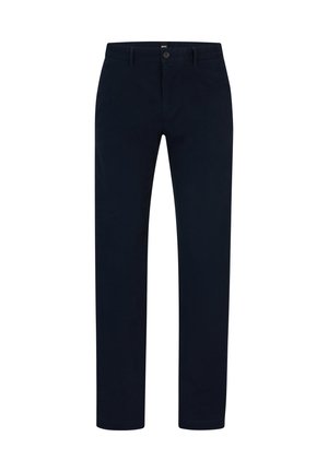 Navy chinos made of cotton with a straight-leg fit, featuring a button closure, front pockets, and a smooth texture.