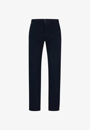 Granatowe chinosy z bawełny o prostym kroju nogawki, z zapięciem na guzik, przednimi kieszeniami oraz gładką fakturą.