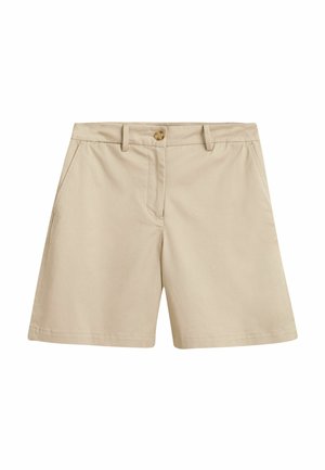 Beige cotton shorts with a smooth texture, featuring a front button closure, two side pockets, and a straight leg design.