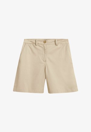 Beige bomullsshorts med en jevn tekstur, med frontknappelukking, to sidelommer og rett ben-design.