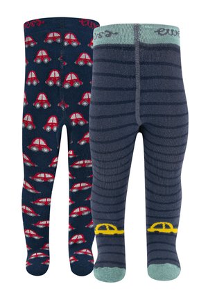 Two pairs of children's tights; one navy with red cars all over, the other dark gray striped with yellow cars near the ankles and light green waistband.