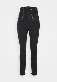 Jeans de mezclilla negros de cintura alta con acentos en botones plateados, detalles laterales y dobladillo deshilachado. Silueta ajustada, diseño minimalista.