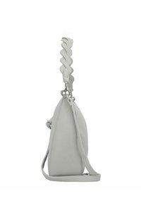Braided gray leather handbag with a rounded bottom, flat side, and adjustable strap featuring silver hardware. Smooth texture.