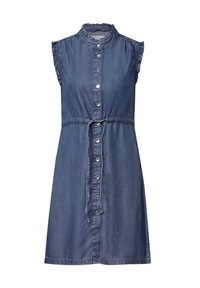 Sininen denimmekko ilman hihoja, jossa on röyhelökaulus ja -olkasaumat, napitettava etuosa ja sidottava vyö.