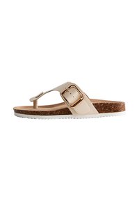 Beige kurken voetbed sandaal met een witte zool, voorzien van een brede vegan leren band en een gouden vierkante gespaccent. Textuur onderzijde voor grip.