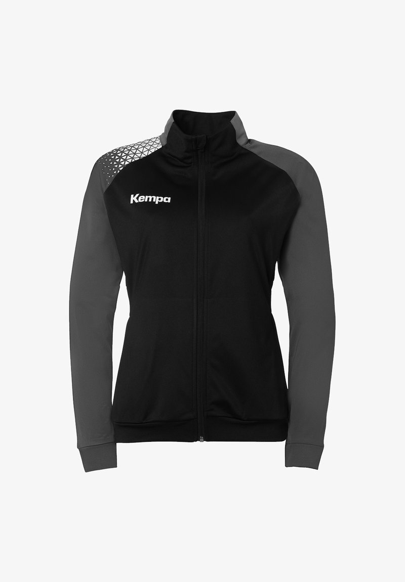 Black jacket with gray sleeves, zip closure, high collar, and a textured geometric pattern on the left shoulder. Features "Kempa" logo on front.