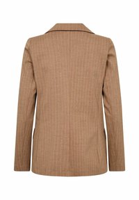 Pruun ribaülikond koos nooltega, pikkade varrukatega ja kahe küljetaskuga; sile kangas ja istuv disain.