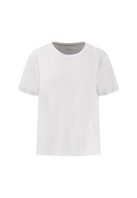 T-shirt bianco in cotone con maniche corte, scollo rotondo, texture liscia e design minimalista, privo di motivi o accenti visibili.