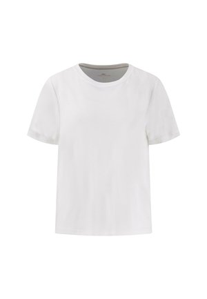 Valge puuvillane t-särk lühikeste varrukatega, ümmargune kaelus, sile tekstuur ja minimalistlik disain, ilma nähtavate mustrite või aktsentideta.