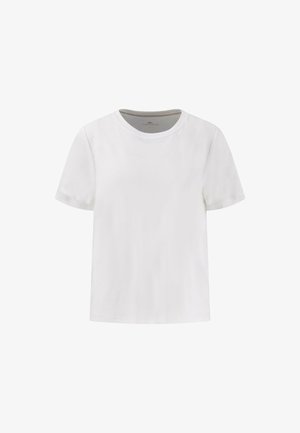 Weißes Baumwoll-T-Shirt mit kurzen Ärmeln, Rundhalsausschnitt, glatter Struktur und minimalistischer Gestaltung, ohne sichtbare Muster oder Akzente.