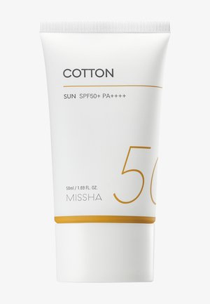 Hvid tube med Missha Cotton Sun solcreme med SPF 50+ PA++++ og 50 ml kapacitet, med minimalistisk guld- og sort tekstdesign.