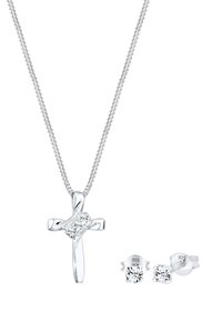 Un pendente a croce in argento 925 con due pietre di zirconia cubica trasparenti, appeso a una delicata catena, accompagnato da orecchini a bottone in argento coordinati.
