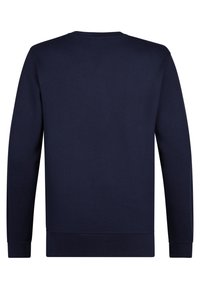 Felpa blu navy con collo a giro, maniche lunghe e polsini a costine. Tessuto morbido ricco di cotone, caratterizzato da un design semplice senza fantasie.